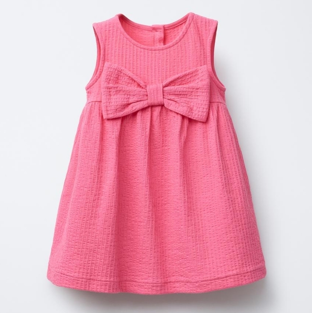 Zara Baby NWT Raspberry Pink Textured Stretch Cotton Bow Front Dress 2Y